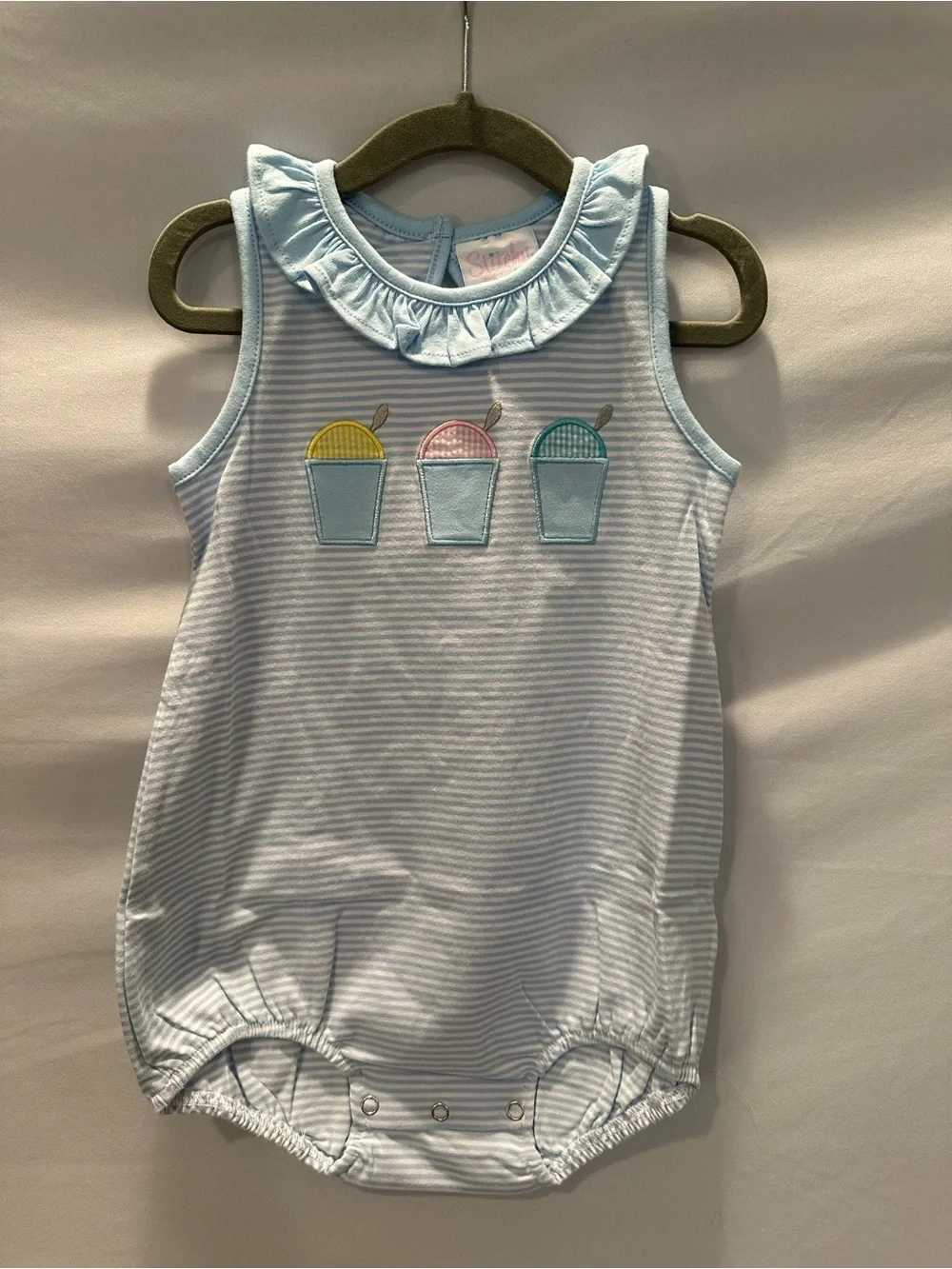 Infant Blue Striped Sleeveless Ruffle Collar Romper with Matching Bow